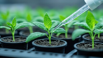 A close-up of young green plants in small pots with a dropper applying moisture to the soil, highlighting the nurturing process in plant cultivation.