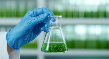 A laboratory technician holds a flask containing green liquid, surrounded by blurred shelves of green samples, symbolizing scientific research and experimentation.