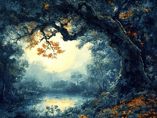 Wall Mural - Enchanted Forest Landscape with Moon and River