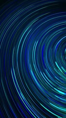 Loop abstract glowing spiral lines. Animation of bright neon circular lines, swirling blue background. Vertical video.