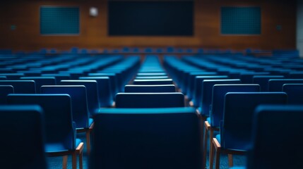 The university lecture hall features neatly arranged blue chairs facing a large digital screen, with soft lighting creating a professional atmosphere. Space on the right invites additional content