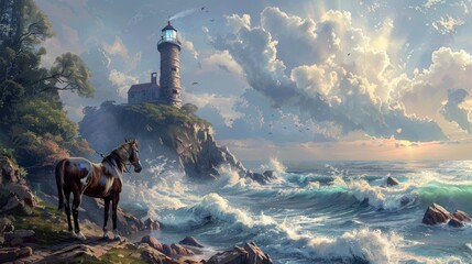 Poster - Lighthouse and Horse by the Sea