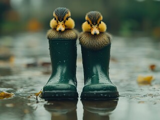 Sticker - Ducklings in Rubber Boots: A Cute and Quirky Photo