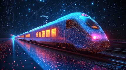 A futuristic train traveling through a digital landscape.