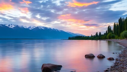 Wall Mural - Spectacular五色日落at Issyk-Kuluk Lake with Mountains in Kyrgyzstan