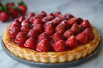 Wall Mural - Tarte aux Fraises A beautiful Tarte aux Fraises with fresh strawberries arranged on a pastry crust, topped with a shiny glaze.