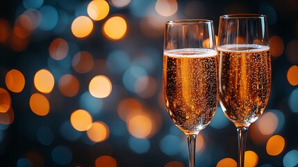 Glasses of champagne on bokeh background. New Year celebration