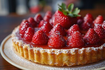 Wall Mural - Tarte aux Fraises A beautiful Tarte aux Fraises with fresh strawberries arranged on a pastry crust, topped with a shiny glaze.