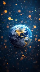 Planet earth on blue background, blurry lights