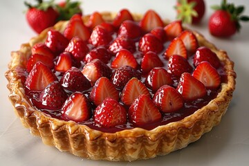 Wall Mural - Tarte aux Fraises A beautiful Tarte aux Fraises with fresh strawberries arranged on a pastry crust, topped with a shiny glaze.