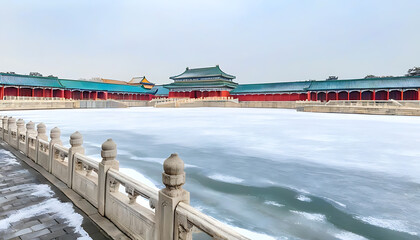 Wall Mural - Explore the beauty of Eastern architecture at the Snowy Imperial Palace alone.