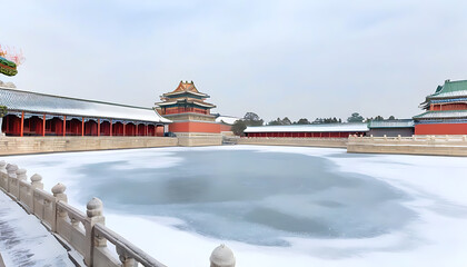 Wall Mural - Explore the beauty of Eastern architecture at the Snowy Imperial Palace alone.