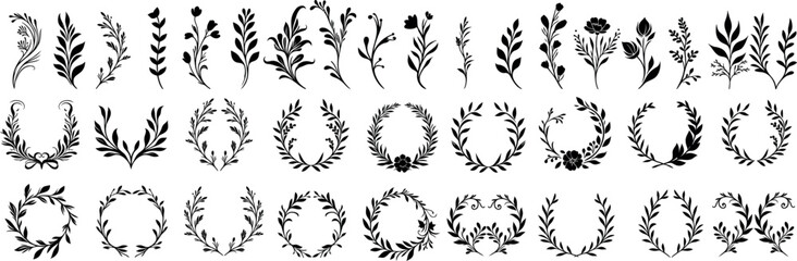 Wall Mural - floral wreath vector collection, decorative botanical elements, hand drawn plant silhouettes, vintag