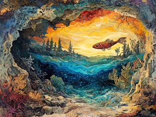 Wall Mural - Surreal Underwater Cave Landscape with Fish and Sunset