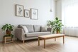 © Trendistudio - Minimalist, A photo of a mid-century modern interior in a modern living room with a fluffy sofa and table and a view of the pot. Generative AI