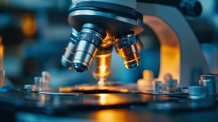 Canvas Print - closeup of a scientific microscope in a professional lab setting, used for data analysis in medicine and chemistry research, providing essential insights for innovation and testing