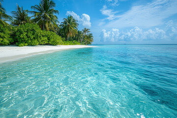 Crystal clear shallow water surrounds tropical beach with palm trees and lush greenery under bright blue sky. This serene landscape evokes sense of tranquility and paradise