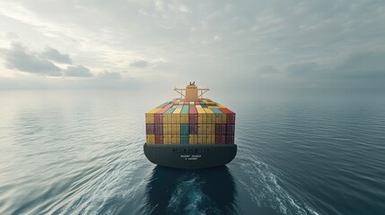 Cargo ship in the open sea loaded with freight containers, representing international shipping and global logistics. No logos.