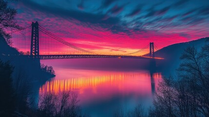 Wall Mural - A suspension bridge silhouetted against a vibrant pink and orange sunrise over a misty river.