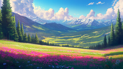 A picturesque landscape with rolling hills and dense forests. In the foreground, there's a vibrant meadow adorned with pink and red flowers. Towering pine trees flank the meadow on both sides.