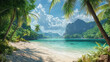 © Petzhy - A serene tropical island cove features hidden beach surrounded by lush greenery and palm trees. crystal clear turquoise water reflects vibrant blue sky, creating tranquil paradise