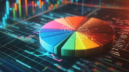 Leinwandbilder - A sleek financial pie chart with colorful segments representing investment portfolios, set against a digital background with financial data, graphs, and stock market indicators.