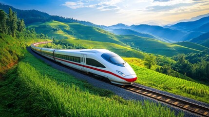 Poster - A sleek high-speed train gliding through lush countryside, showcasing its aerodynamic design and speed, with vibrant greenery in the foreground and a clear blue sky above.