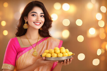 young indian woman holding sweet plate on diwali festival