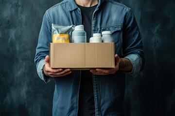 A man holding a box with various products on a dark background