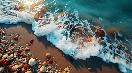 Poster - Seashells scattered on the sandy shore as a gentle wave retreats, leaving behind a delicate trace of foam