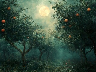 Wall Mural - Enchanted Moonlight Orchard: A Dreamy Landscape