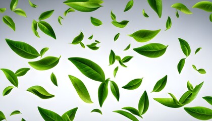 Wall Mural - Dynamic Flight of Green Tea Leaves Against a Pure White Backdrop in 3D Illustration