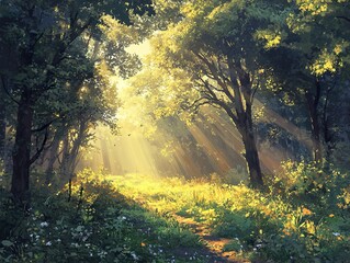 Poster - Golden Sunlight Through the Forest: A Tranquil Path in Nature