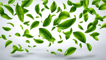 Wall Mural - Dynamic Flight of Green Tea Leaves Against a Pure White Backdrop in 3D Illustration