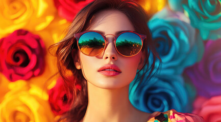 Wall Mural - A beautiful woman wearing colorful sunglasses, with a vibrant background of abstract roses and colors. 