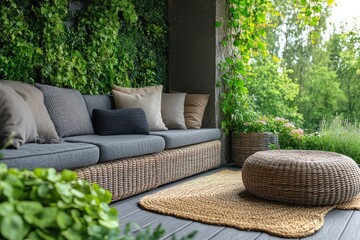 Canvas Print - Cozy Patio with Wicker Furniture and Lush Greenery