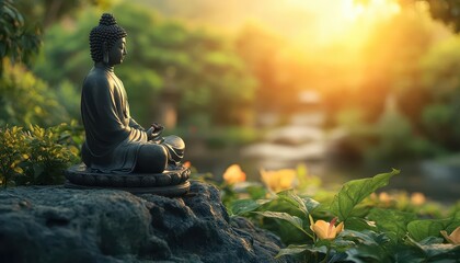 Wall Mural - Meditation in nature with vibrant greenery, soft natural lighting, calm atmosphere, serene vibe, photo-realistic