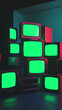 © Duaa - vertical 3d rendered stack of classical old televisions green screen tv monitors pink neon lighting composition dynamic scene reel background vintage chrome key TVs vintage video element cinematic