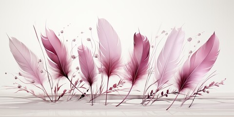 Wall Mural - A delicate arrangement of soft pink feathers, appearing to float in a field of wispy, ethereal stems.  The subtle hues and gentle textures create a calming and serene scene.