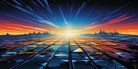 Sticker - A futuristic cityscape with a radiant sky and a shattered glass floor, reflecting the dawn