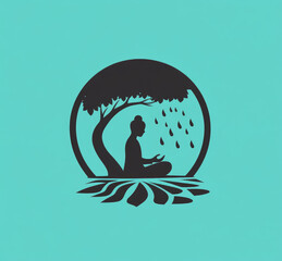 Wall Mural - A lotus flower is being watered by rain, and the silhouette of Buddha meditating under it