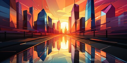 Wall Mural - A city street, a glistening path reflecting a fiery sunset, a symphony of colors dancing on the urban canvas