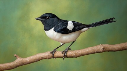 Wall Mural - A black and white bird with a long tail perched on a branch against a green background.