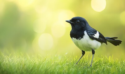 Wall Mural - A black and white bird with a long tail stands on green grass with a blurred yellow and green background.