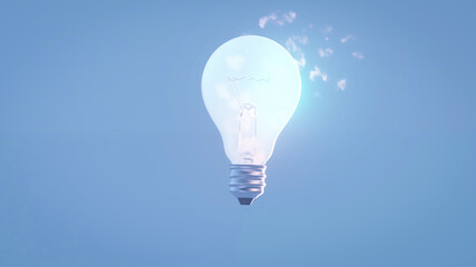 Glowing light bulb on blue sky background. 3D rendering. Generative AI