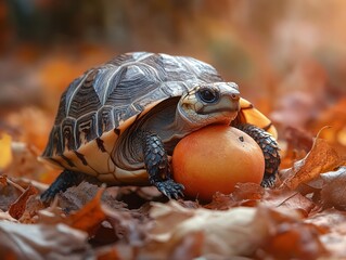 Canvas Print - Close Up of a Turtle Eating an Orange in Autumn Leaves