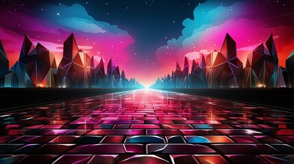 Canvas Print - A futuristic landscape with a reflective road leading towards a skyline of glowing geometric structures under a starry sky.