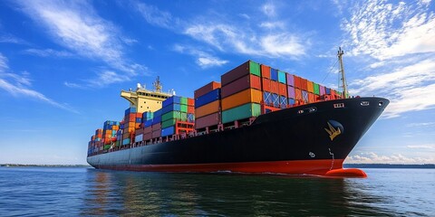 A large cargo ship with a colorful array of shipping containers sails on a calm blue sea under a partly cloudy sky.