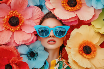 Canvas Print - A woman in colorful and blue sunglasses is surrounded by large flowers, creating an artistic background