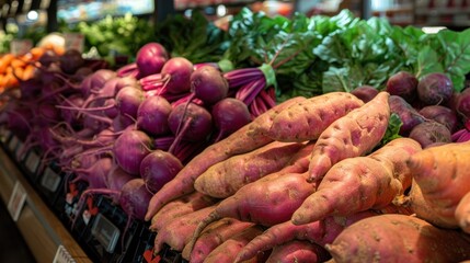 A display of fresh, orange sweet potatoes and purple beets is arranged on a supermarket shelf. 